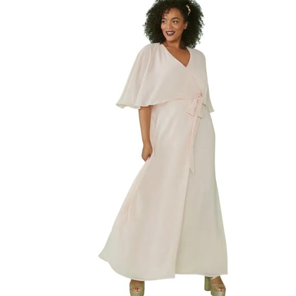 NWT Modcloth Light Pink Chiffon Wrap Maxi Dress Halter Capelet Wedding S - Picture 2 of 14